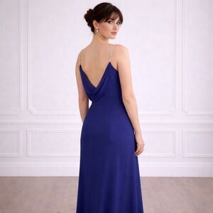 Cobalt Chiffon maxi dress low back sleeveless with crystal straps blue Sz S Vtg